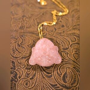 Pink Jade Buddha Head Pendant On 18KT GF Chain Necklace